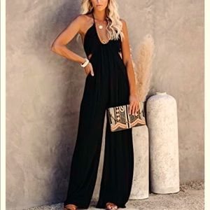 Womens Black U-Neck Sling Backless Jumpsuit